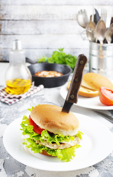 burgers with chicken cutlets on white plate - Photo, Image