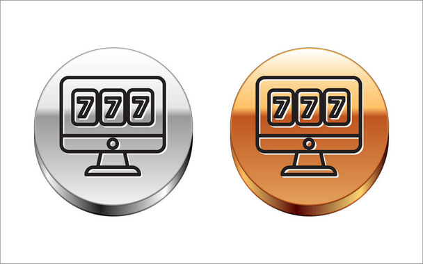 Černá čára Online automat s štěstí sedmičky jackpot ikona izolované na bílém pozadí. Online kasino. Stříbrný zlatý knoflík. Vektorová ilustrace - Vektor, obrázek