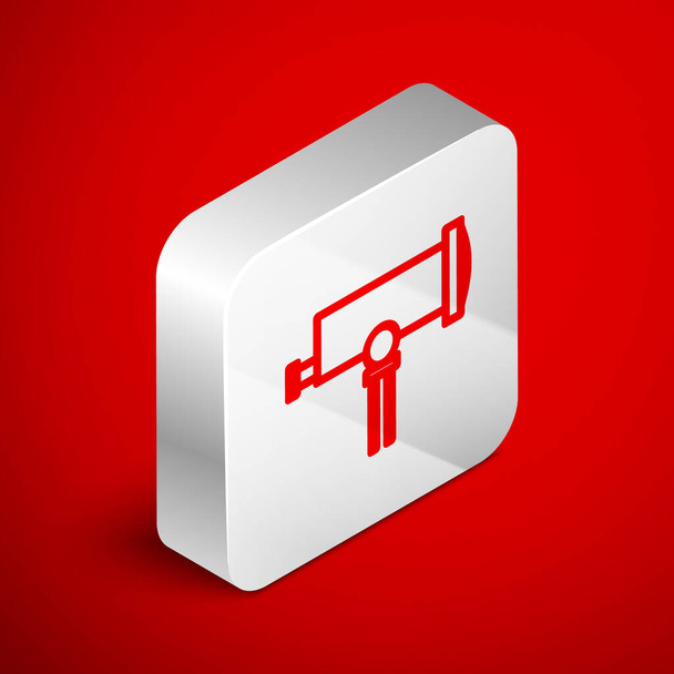 Isometric line Telescope icon isolated on red background. Scientific tool. Education and astronomy element, spyglass and study stars. Silver square button. Vector Illustration - Vector, Image