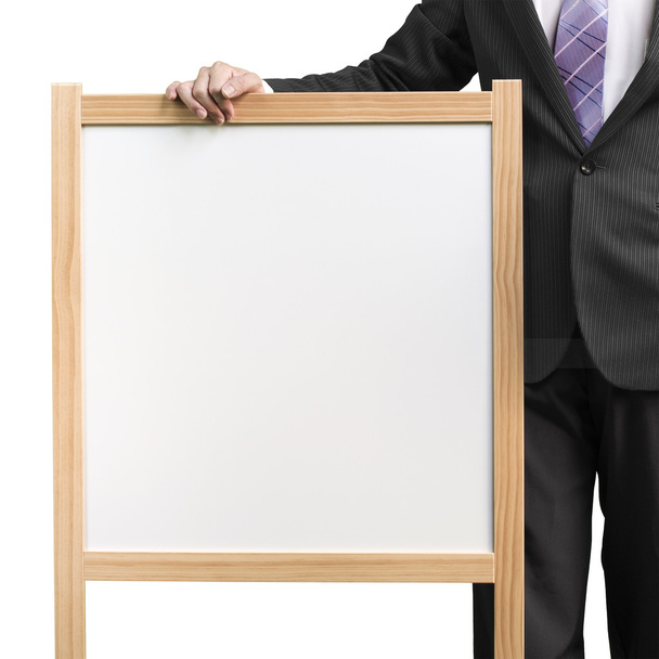 Businessman hold wooden white blank board in white background - Foto, Bild