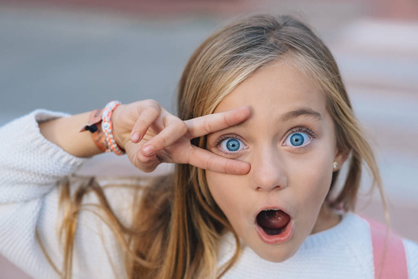 Retrato de una pequeña estudiante feliz con ojos azules
 - Foto, imagen