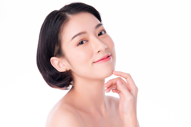 Beautiful Young Asian Woman with Clean Fresh Skin. Face care, Facial treatment, on white background, Beauty and Cosmetics Concept - Photo, Image