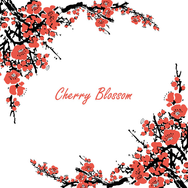 Cherry blossom event template with hand drawn branch with pink cherry flowers blooming. Sakura blossoming festival banner. Chinese or Japanese traditional drawing - Vector - Vektör, Görsel