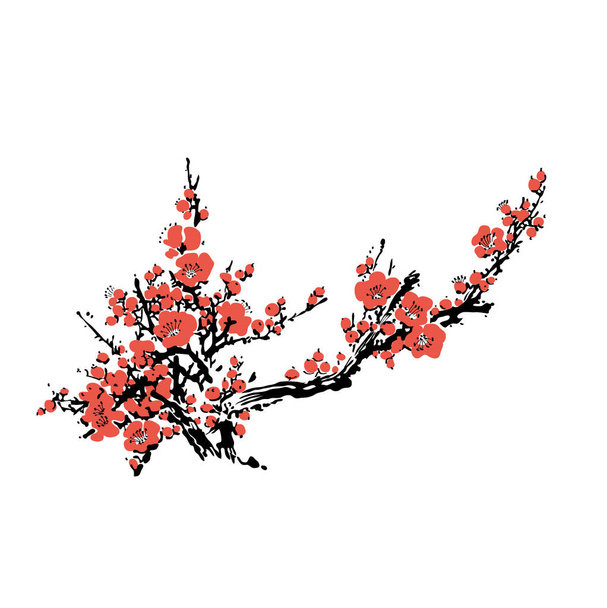 Kirschblütenereignisschablone mit handgezeichnetem Zweig mit rosa Kirschblüten, die blühen. Realistische Sakura-Blüte - japanischer Kirschbaum. Traditionelle chinesische oder japanische Zeichnung - Vektor - Vektor, Bild