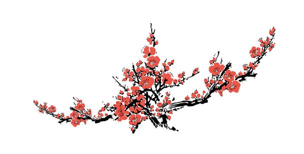 Cherry blossom event template with hand drawn branch with pink cherry flowers blooming. Realistic sakura blossom - Japanese cherry tree. Chinese or Japanese traditional drawing - Vector - Вектор, зображення