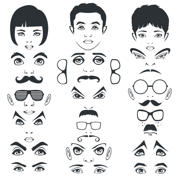 Eye mustache lips and hair, face parts, head character - Vector, Image