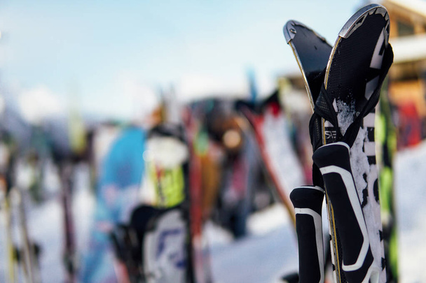 skis and Snowboards on the background of the ski resort vacation - Photo, Image