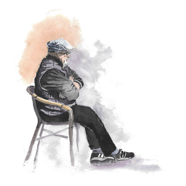 Ручной рисунок акварелью милая иллюстрация один расслабляющий старик на стуле на белом фоне
 - Фото, изображение