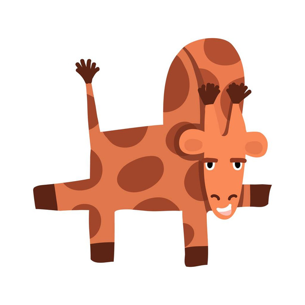 Drôle de girafe dansant et souriant. Sa peau est couverte de taches brunes, sa queue est levée et saillante, et ses pattes regardent en avant et en arrière. Illustration pour livres pour enfants, conception de site Web, cartes
 - Vecteur, image
