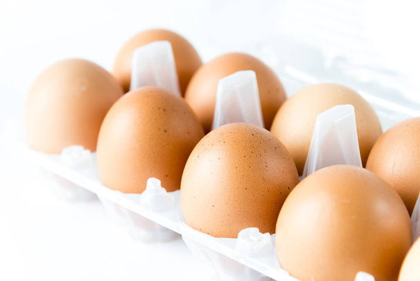 Studio strzał rząd klatki wolne jaja kurczaka w plastikowej tacy izolowane na białym - Zdjęcie, obraz