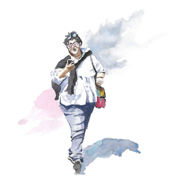 Hand drawn watercolor cute illustration woman with phone in the street of city on the white background - Photo, Image