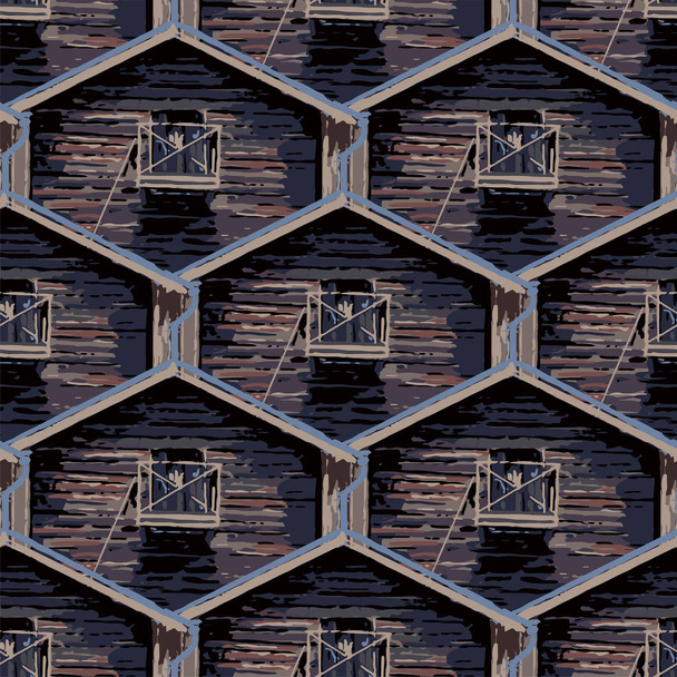 古い伝統的なスカンジナビアの木造住宅のシームレスなパターン. - ベクター画像