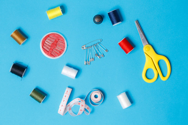 Sewing Kit Scissors Pins Spools of Thread Flatlay - Photo, Image