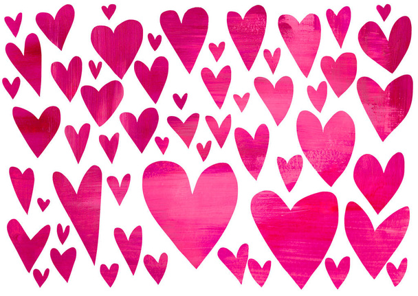 Conjunto de textura raster corazones rosados aislados en blanco. Papel artesanal cubierto con pintura grunge. - Foto, imagen
