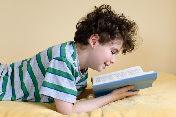 Boy reading book at home - 写真・画像