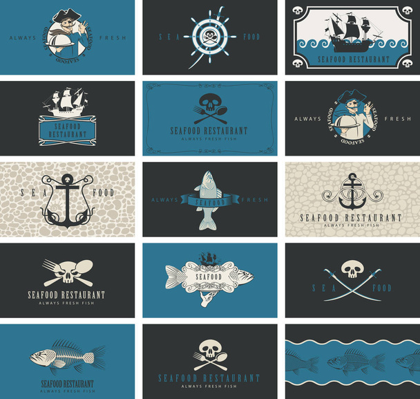 business cards for seafood restaurant with pirate symbols - Vector, Imagen