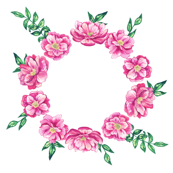 Ronde bloemkader met roze mooie bloemen. Aquarel hand getekend illustratie. Geïsoleerd op witte achtergrond. - Foto, afbeelding
