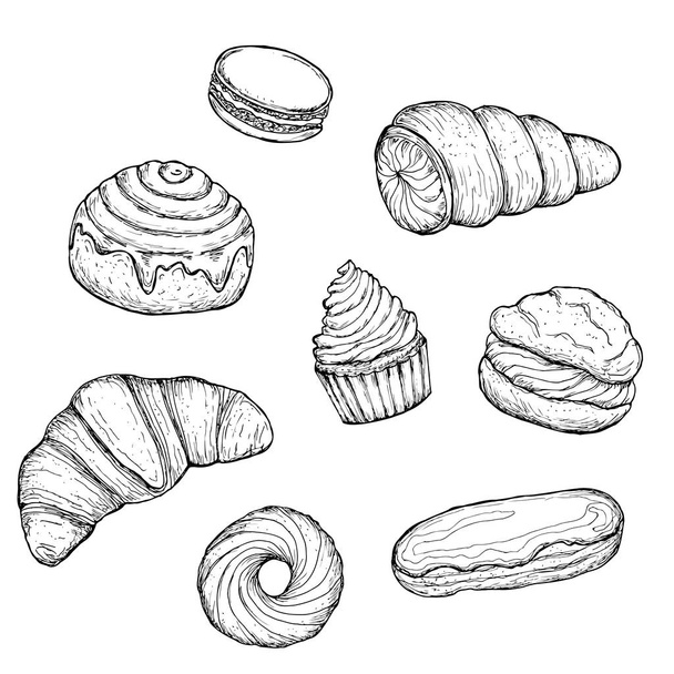 Set of confectionery. Illustrations for coffee houses or cafes. Hand drawn vector illustration. Monochrome black and white ink sketch. Isolated on white background. Coloring page. - Vektori, kuva