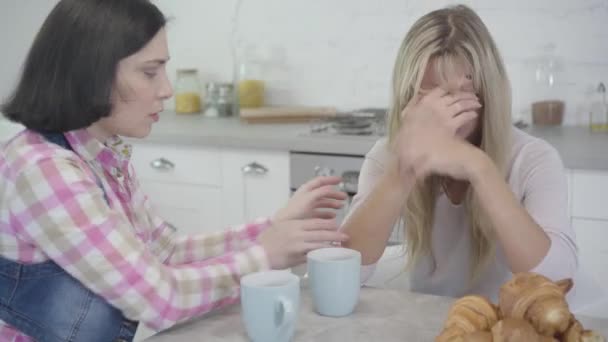 Portrait of brunette Caucasian woman calming down her friend sitting with face closed with hands.Womens friendship, support, lifestyle. - Materiał filmowy, wideo