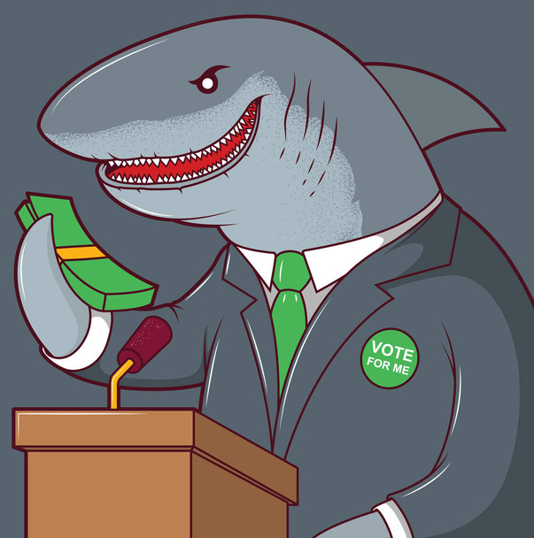 Καρχαρίας τρέχει για πρόεδρος διανυσματική απεικόνιση. Έννοια σχεδιασμού δωροδοκίας χρημάτων - Διάνυσμα, εικόνα
