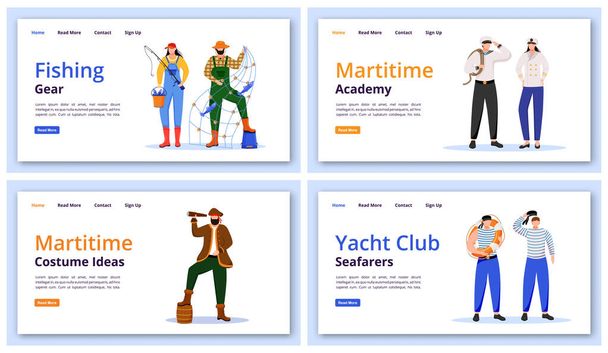 Ορισμός προτύπων διανύσματος σελίδας προορισμού θαλάσσιων χαρακτήρων. Ιδέα διεπαφή ιστοσελίδα αλιευτικά εργαλεία με επίπεδη εικονογράφηση. Marine ιδέες κοστούμι αρχική διάταξη της σελίδας. Yacht club web banner, ιστοσελίδα έννοια κινουμένων σχεδίων - Διάνυσμα, εικόνα