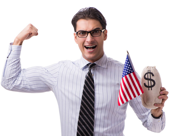 Jungunternehmer mit amerikanischer Flagge und Geldsack auf weißem Grund - Foto, Bild