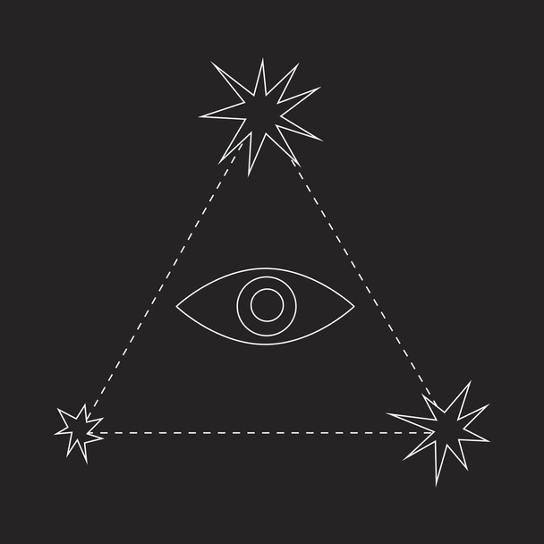 A evil eye and stars and linear triangle isolated on black backg - Vector, Image