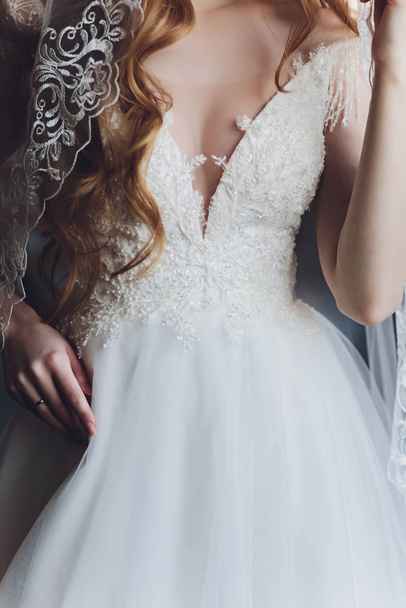 The beautiful woman posing in a wedding dress. - Zdjęcie, obraz