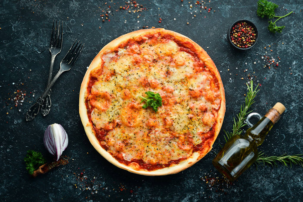 Traditional Italian Margarita Pizza. Top view. free space for your text. Rustic style. - Fotografie, Obrázek