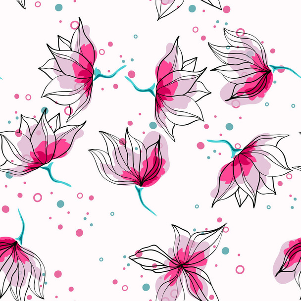 Pink hibiscus flowers tropical vector seamless pattern. Exotic pattern with delicate buds. Floral Hawaiian style textile background with flowers. - Vektori, kuva