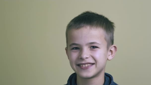 Portret van een lachende jongen in de camera. - Video