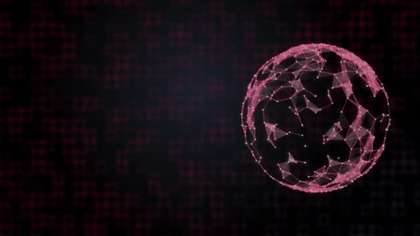 Abstracte gehackte wereldbol in rode plexus draaiend op digitale achtergrond. Hacken en aanvallen concept. - Video