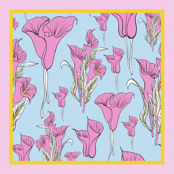 Delicate colors of silk scarf with flowering callas. Pink, blue  - Vector, Image
