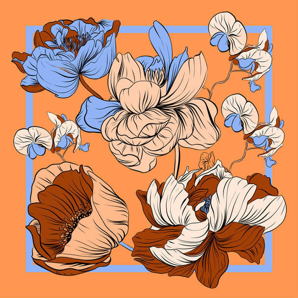 Барвистий шовковий шарф з квітковим маком, орхідеєю та півоніями
. - Вектор, зображення