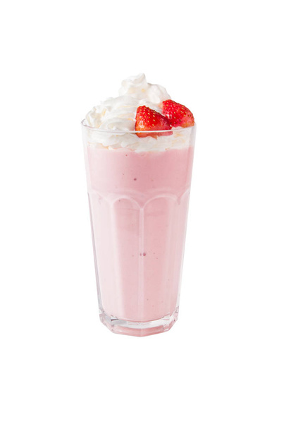 Milk cocktail with ice cream, banana and strawberry in glass, isolated on white. - Fotografie, Obrázek