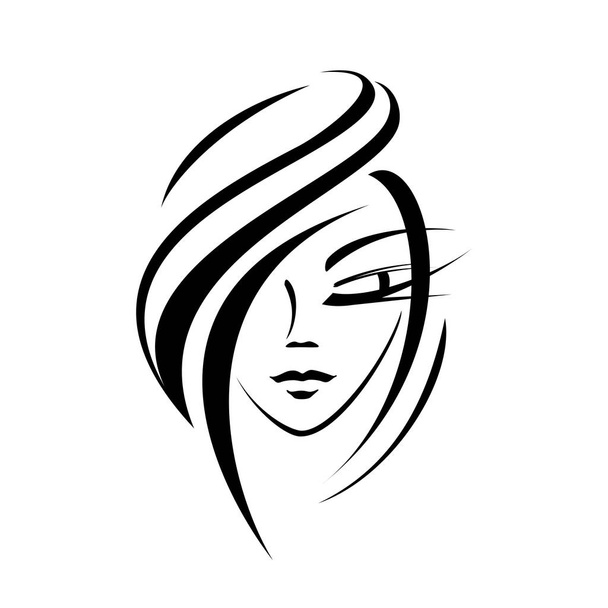 женское лицо - силуэт, плоский логотип на белом фоне для косметологии. Идея в красоте и стиле. черты лица молодой девушки - смотрите вниз. элегантный прядь волос, салон красоты
 - Вектор,изображение