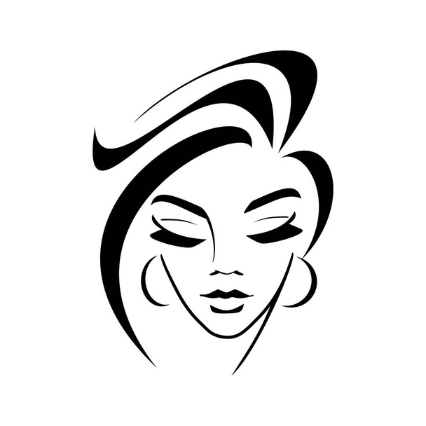 косметологія, зачіска, силует жіночого обличчя - логотип на білому тлі. молода дівчина, витончений замок для волосся, вії, губи. ідея стиль, перукарня, салон краси
 - Вектор, зображення