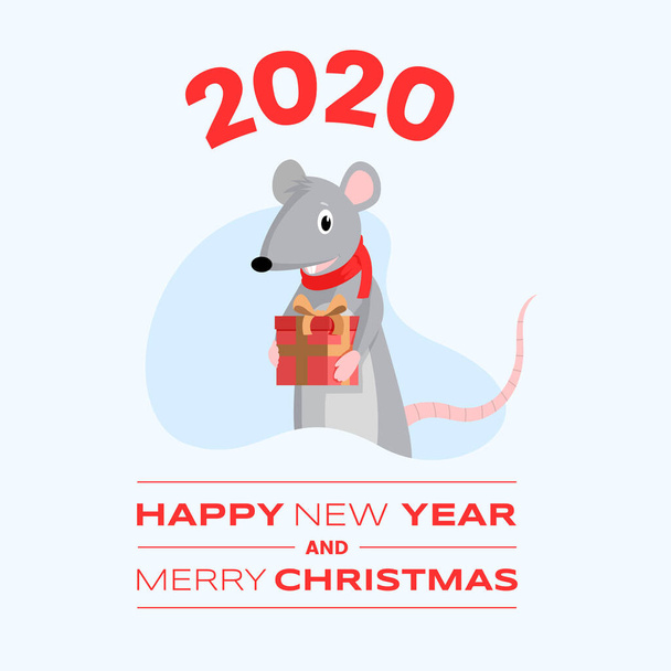 Cute rat greeting card cartoon template. 2020 happy New Year and Merry Christmas wish red inscription and adorable mouse holding gift box. Social media banner, winter holiday postcard - Vetor, Imagem