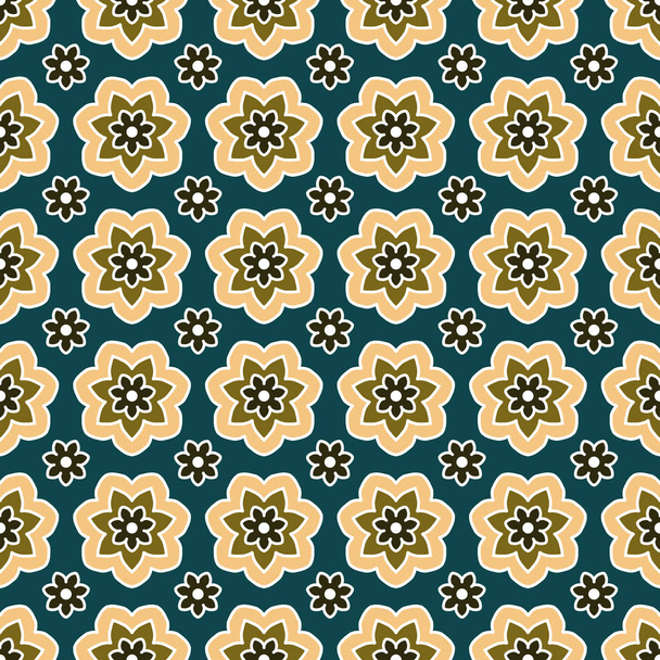 Dark Cyan tile pattern  seamless with beige floral ornaments. Fl - Фото, изображение