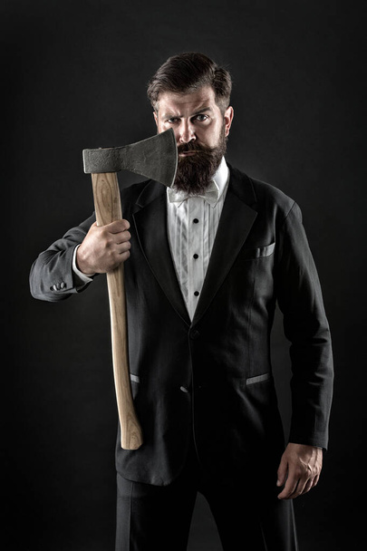 To shave or not to shave. Bearded man hold axe. Brutal hipster prepare sharp blade to shave. Razor shave. Barber salon. Barbershop - Foto, Imagen