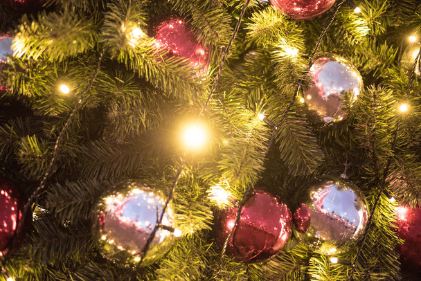 Christmas decorations on beautiful green Christmas tree with garland. - Valokuva, kuva