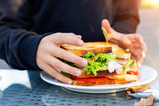 Close-up niña mano comer hamburguesa con jamón y verduras frescas en la cafetería en el día soleado brillante al aire libre. Los niños de comida rápida dieta poco saludable. Snack para almorzar en el picnic
 - Foto, Imagen