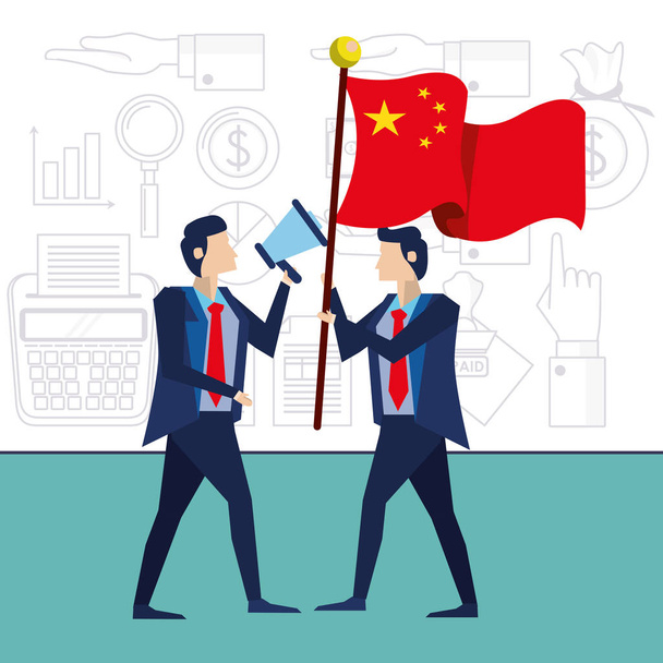 бизнесмены с флагом Китая и мегафоном
 - Вектор,изображение