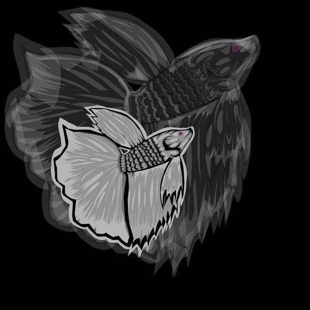 Diseño ilustrativo de pez betta con silueta pez betta sobre fondo negro
.  - Vector, imagen