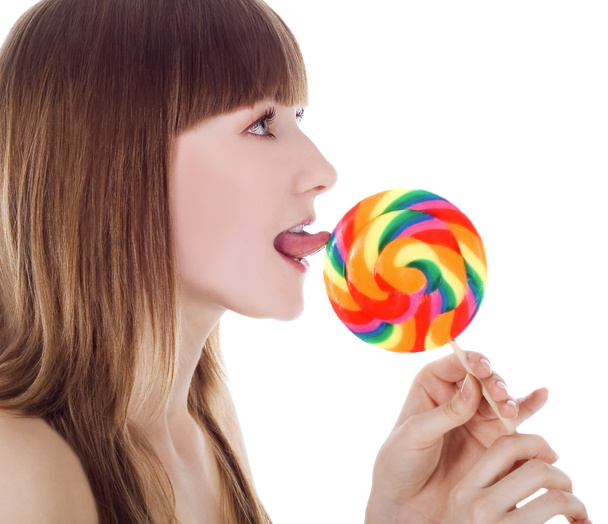 Picture of happy blonde with color lollipop - Photo, image