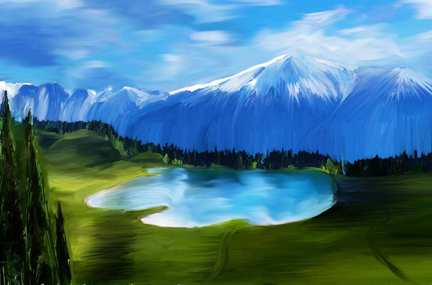 Snowy mountains over the valley drawing. - Фото, изображение