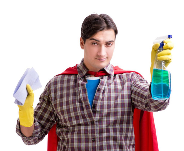 Super héroe limpiador aislado en blanco - Foto, Imagen