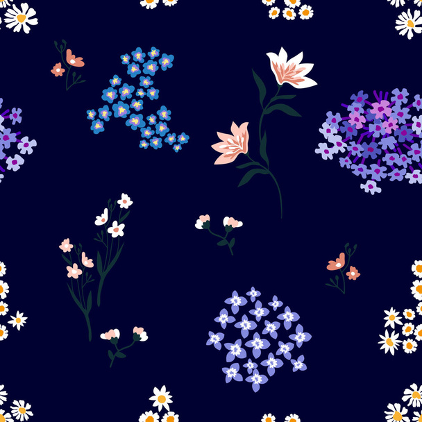 Seamless print with lilies and wildflowers. - Вектор,изображение