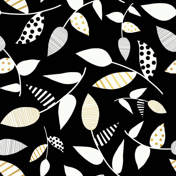White leaf shapes with gold elements on black background. Abstract leaves seamless vector pattern. Minimalistic repeating nature pattern. Use for fabric, surface pattern design, wallpaper, wrapping - Διάνυσμα, εικόνα