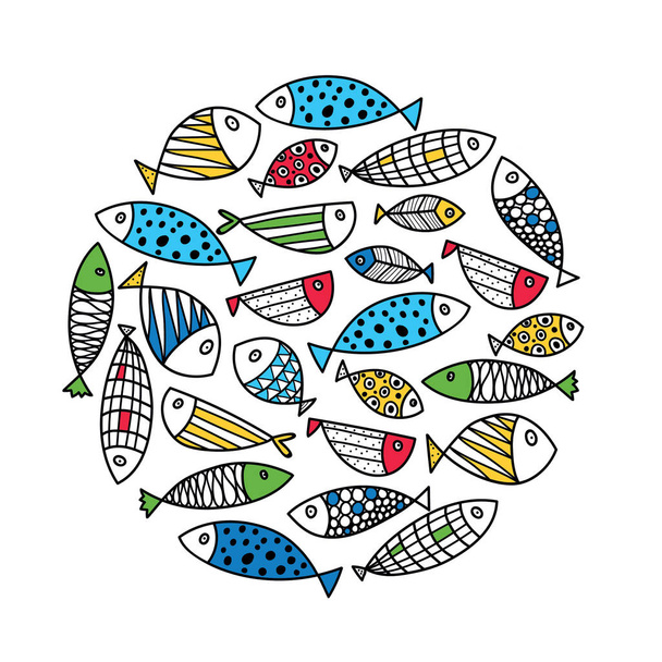 Cute fish card. Around motif with fish. - Vector, imagen